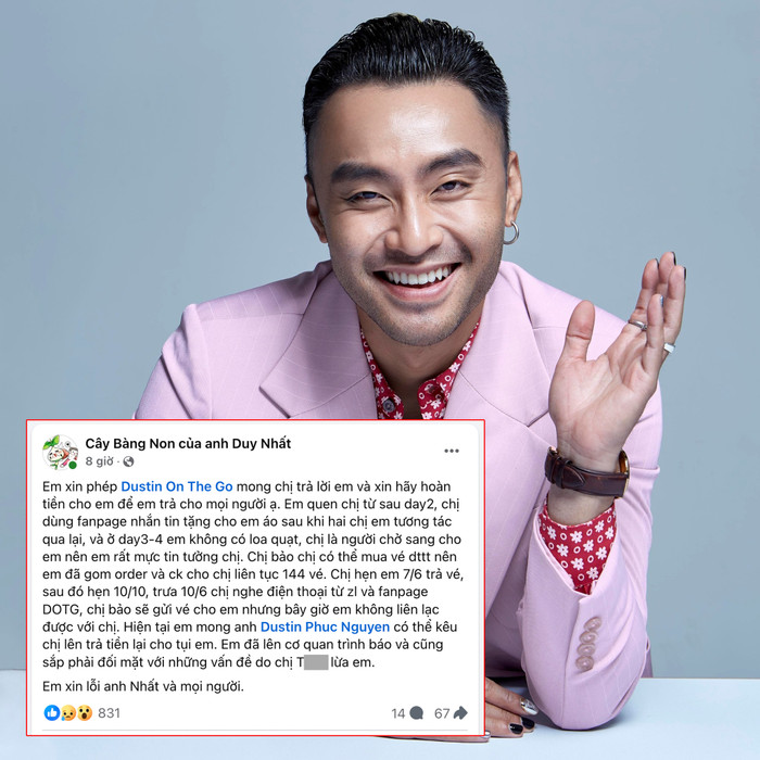 Bài đăng từ page 'Cây bàng non của anh Duy Nhất' tố một người tên T., được cho là quản lý page Dustin On The Go mất liên lạc sau khi nhận hàng trăm triệu đồng. (Ảnh FBNV)