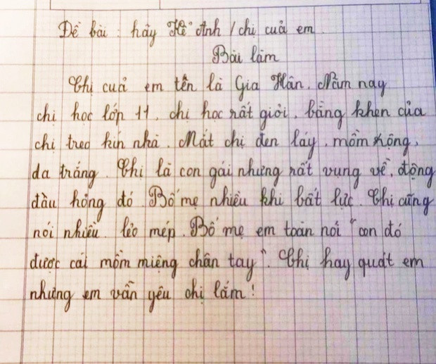 Bài văn 'bóc phốt' chị gái thẳng thừng khiến nhiều người cười ngả nghiêng.