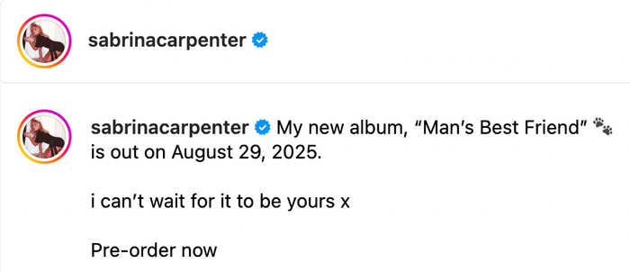 Dòng status trên trang Instagram của Sabrina thu hút hàng triệu lượt yêu thích. (Ảnh: chụp màn hình)