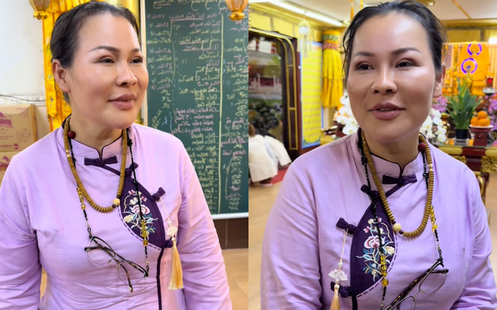 Vợ Quý Bình trong lễ cúng 100 ngày của chồng tại chùa. (Ảnh: Chụp màn hình TikTok tamxipho)