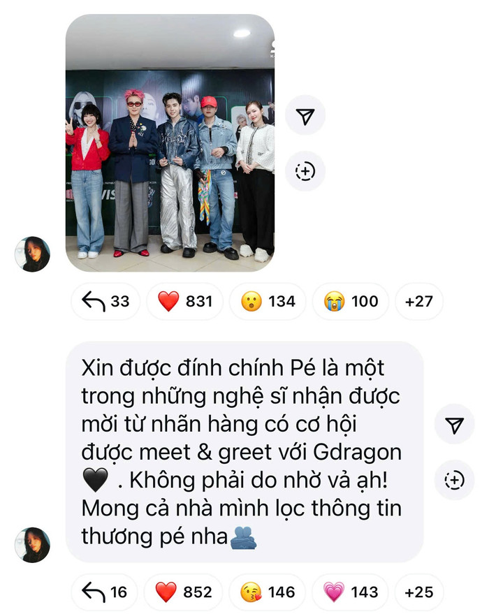 Phương Ly lên tiếng đính chính việc chụp ảnh với G-Dragon trong nhóm chat với fan. (Ảnh: Chụp màn hình Instagram NV)
