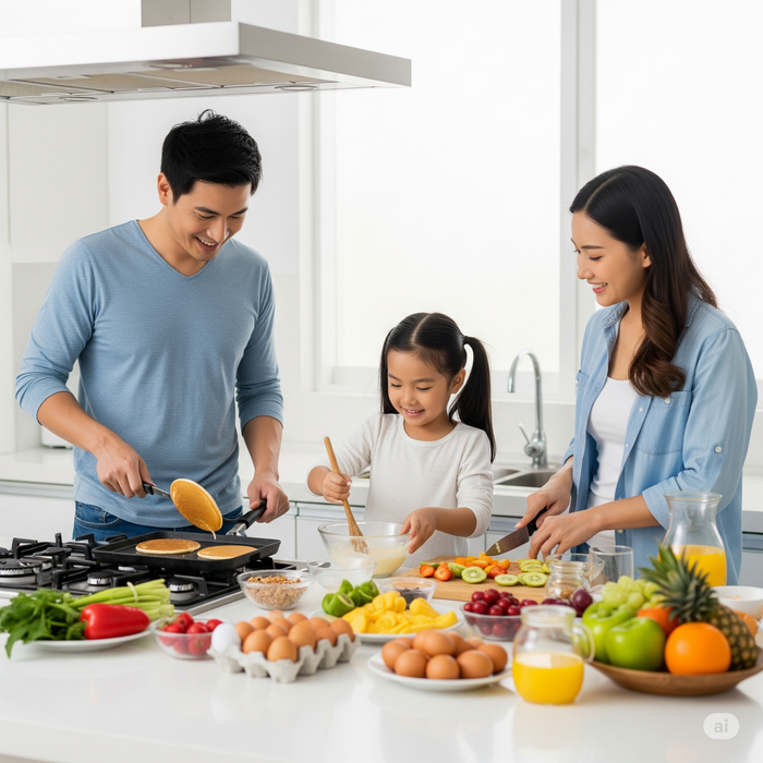 Bố mẹ có thể đồng hành, quan tâm con thông qua việc làm món ăn sáng hằng ngày. Ảnh minh hoạ