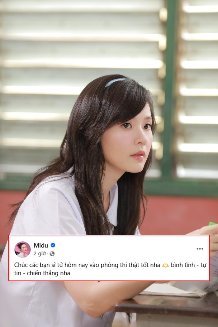 Midu gửi lời chúc đến các sĩ tử bước vào kì thi tốt nghiệp THPT 2025. (Ảnh FBNV)