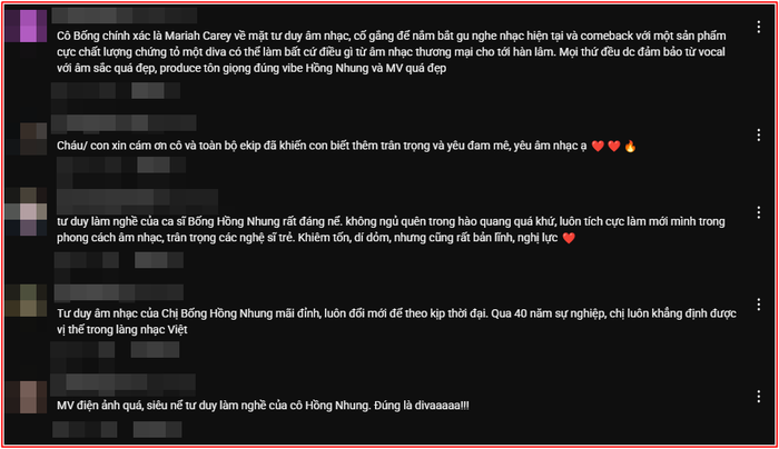 Sản phẩm âm nhạc trở lại của Hồng Nhung đang nhận về nhiều phản hồi tích cực từ người xem (Ảnh chụp màn hình). 