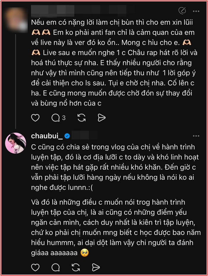 Châu Bùi phản hồi ý kiến từ khán giả xoay quanh tranh cãi về giọng hát (Ảnh: Chụp màn hình).