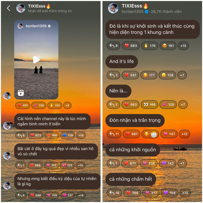 Những tin nhắn đầy cảm xúc trong kênh chat của Tóc Tiên khiến nhiều người lo lắng về cuộc sống của cô. (Ảnh chụp màn hình kênh chat của nữ ca sĩ)