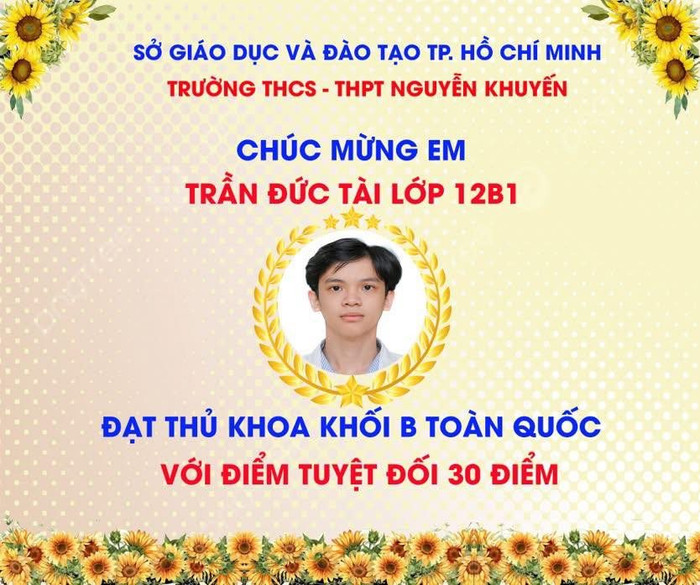 Trần Đức Tài là thí sinh duy nhất đạt thủ khoa khối B00. (Ảnh: Page Trường THCS - THPT Nguyễn Khuyến)