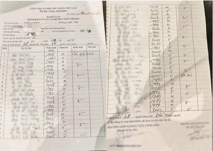 Danh sách 48 hành khách trên chuyến tàu ở Vịnh Hạ Long. (Ảnh: Đời Sống & Pháp Luật)