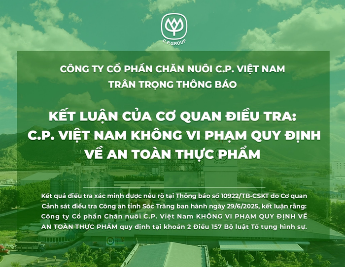 Công ty C.P. Việt Nam cũng ra thông báo về kết luận của Cơ quan Cảnh sát điều tra trước thông tin bị tố bán heo bệnh hồi cuối tháng 5.