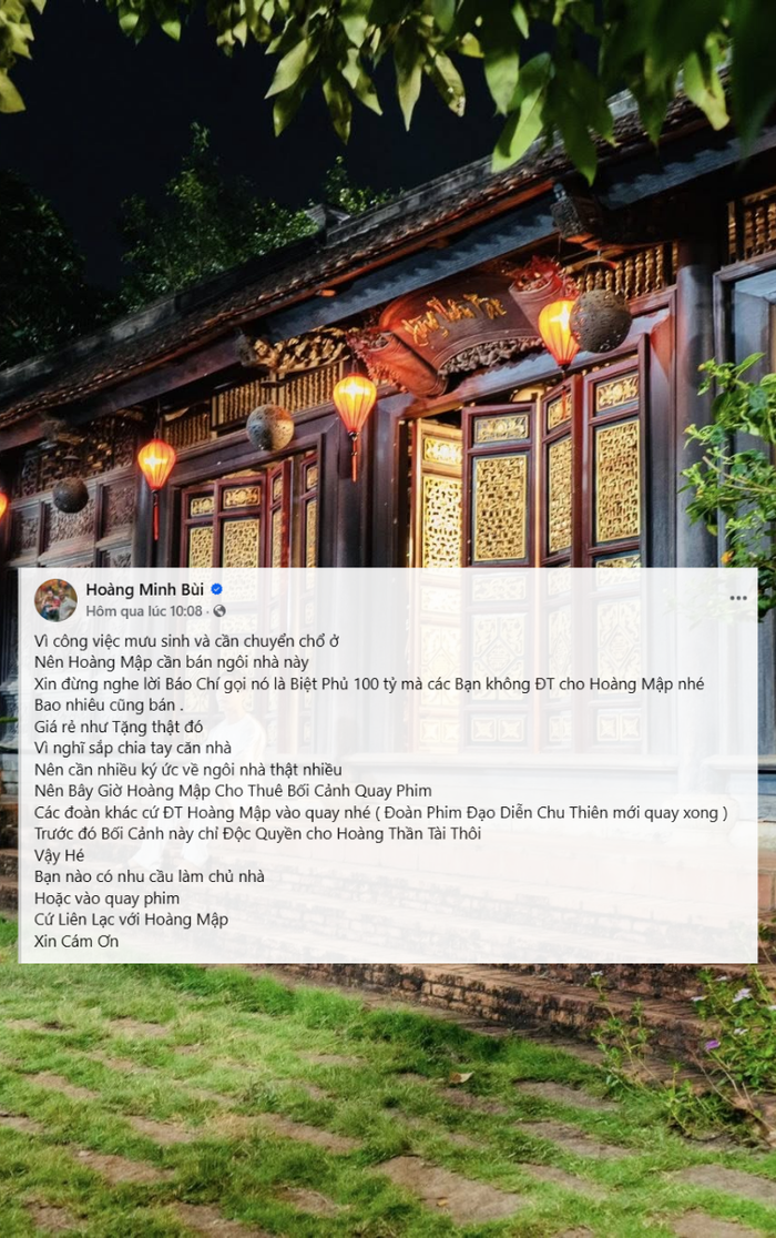 Bài viết của nghệ sĩ Hoàng Mập rao bán nhà. (Ảnh: FBNV)