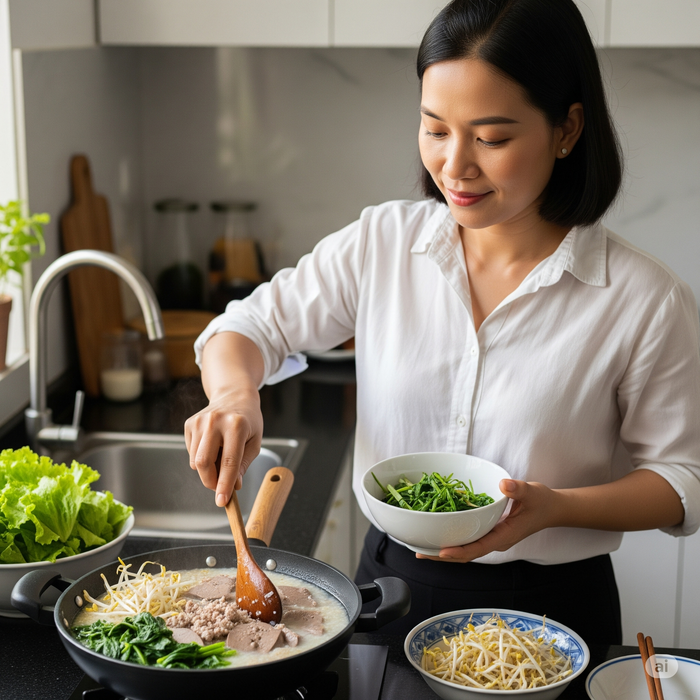 Bạn có thể nấu cháo trắng với thịt, rau để đảm bảo dinh dưỡng khi ăn sáng. Ảnh minh hoạ