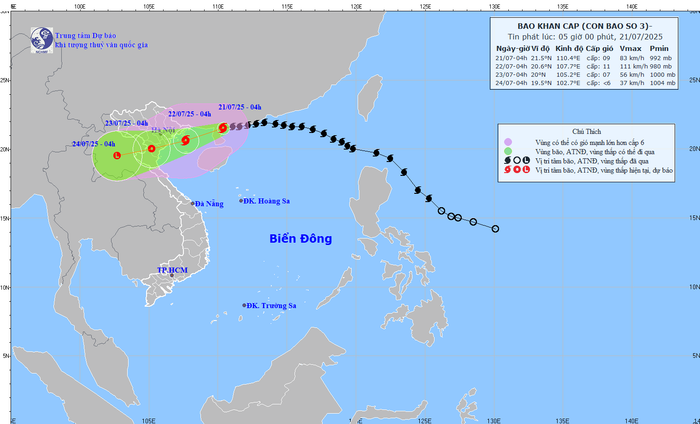 Hướng di chuyển của bão số 3 sáng 21/7. (Nguồn: NCHMF)