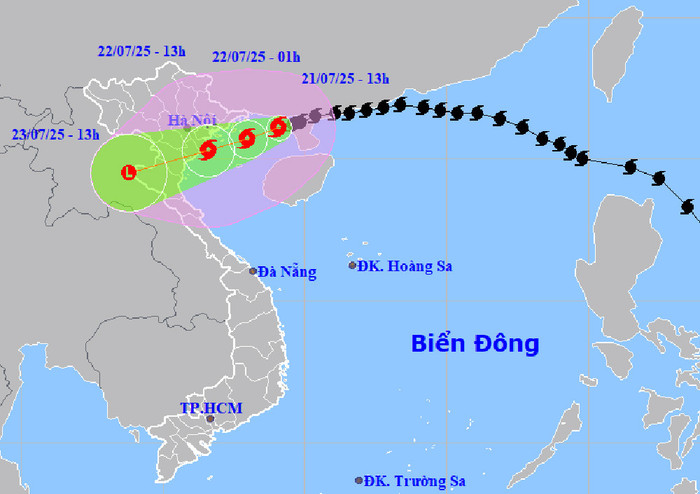 Hướng di chuyển của bão số 3 cập nhật chiều 21/7. Nguồn: NCHMF 