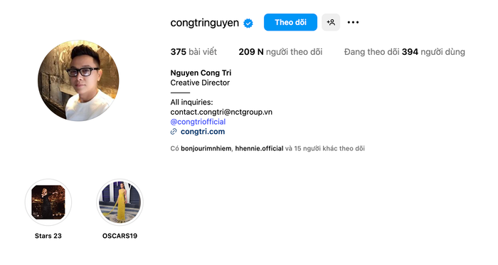 Tài khoản Instagram cá nhân của nhà thiết kế Công Trí vẫn hiển thị ở chế độ công khai. Ảnh chụp màn hình
