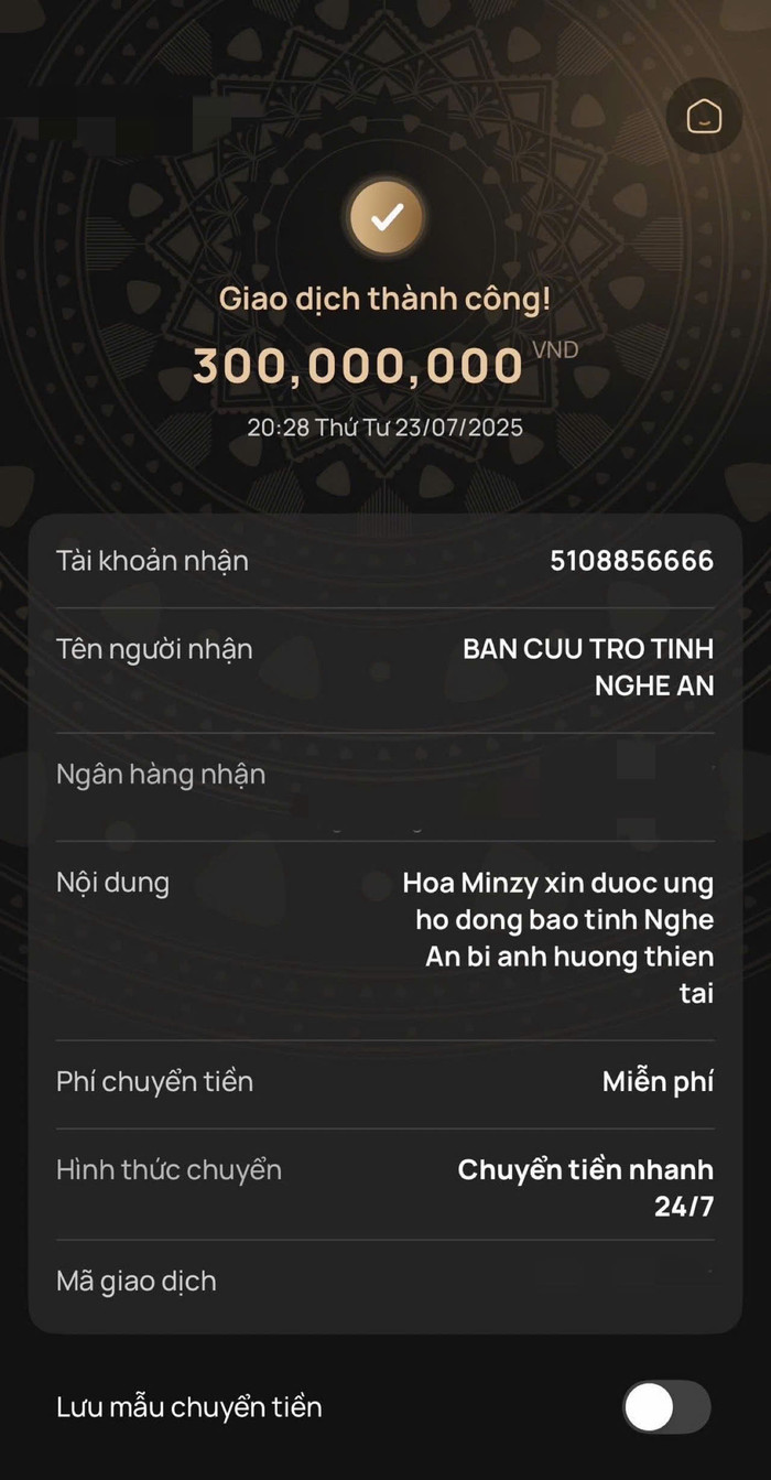 Hoà Minzy công bố hình ảnh giao dịch chuyển khoản. Ảnh: FBNV