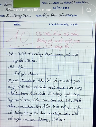 Bài văn viết thư cho bố đạt điểm 10. Nguồn: Tiktok Toán và Văn