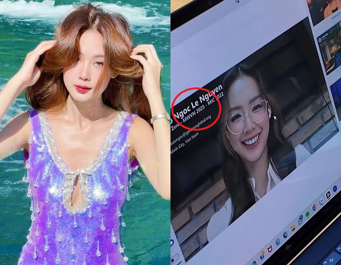 Nhiều netizen soi ra chi tiết trên màn hình máy tính của Bảo Ngọc có dòng chữ: 'Lê Nguyễn Bảo Ngọc, Miss World Vietnam 2025, Miss Intercontinental 2022'. (Ảnh FBNV)