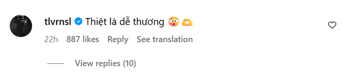 Hoàng Touliver nhanh chóng để lại bình luận ngọt ngào dưới bài đăng của bà xã Tóc Tiên. Ảnh: Chụp màn hình từ IGNV