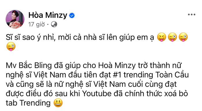 Hoà Minzy không giấu được sự 'sĩ' khi trở thành nữ nghệ sĩ Việt Nam đầu tiên và cuối cùng vào lịch sử trending Youtube. (Ảnh chụp màn hình từ FBNV)