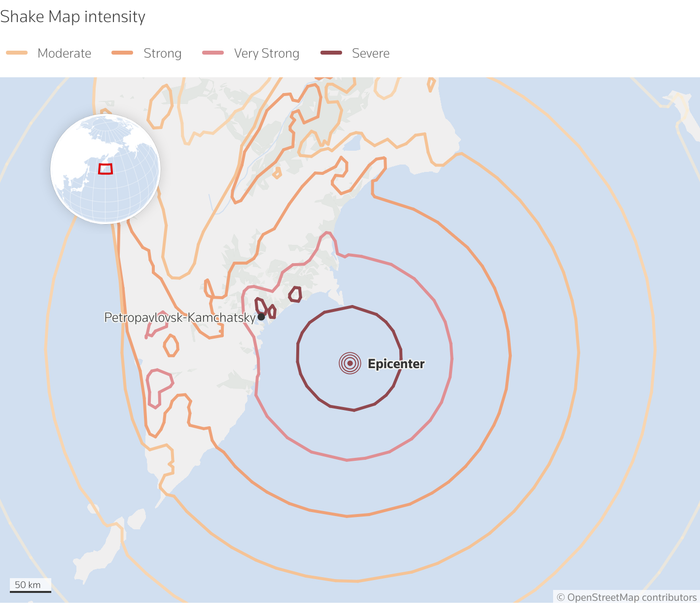 Trận động đất mạnh 8,8 độ richter xảy ra ngoài khơi Bán đảo Kamchatka. Ảnh: Reuters