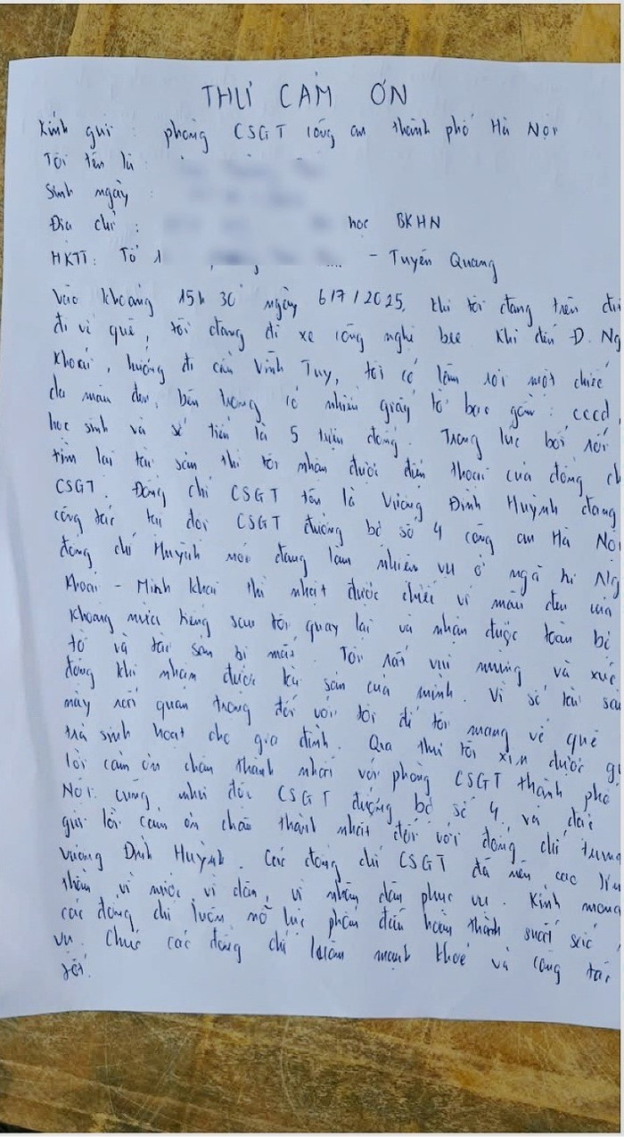 Thư cảm ơn anh P gửi đến lực lượng chức năng. Ảnh: Công an TP Hà Nội
