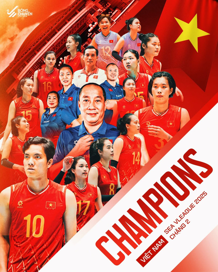 Đội tuyển bóng chuyền nữ Việt Nam đã tạo nên một cuộc lội ngược dòng lịch sử khi đánh bại Thái Lan 3-2, để vô địch chặng 2 của SEA V-League 2025. Ảnh: Bóng chuyền Việt Nam