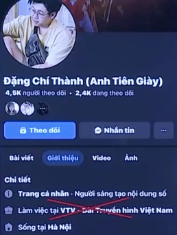 Trên Facebook cá nhân, Đặng Chí Thành ghi nơi làm việc tại Đài Truyền hình Việt Nam.
