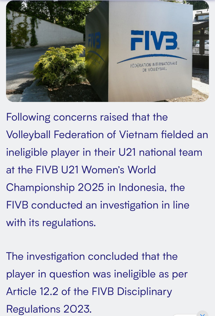Liên đoàn Bóng chuyền thế giới (FIVB) đã ra thông báo huỷ kết quả một số trận đấu của U21 bóng chuyền nữ Việt Nam tại giải thế giới. Ảnh chụp màn hình