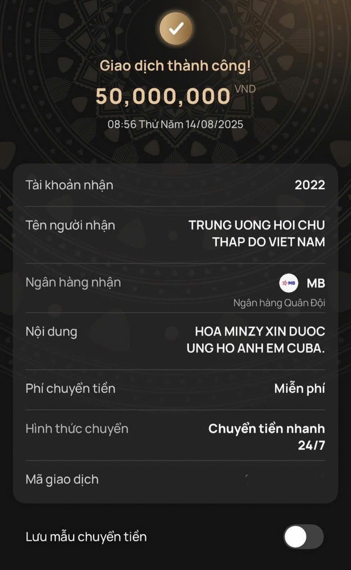 Hòa Minzy công bố hình ảnh giao dịch chuyển khoản khi ủng hộ nhân dân Cuba. Ảnh: FBNV