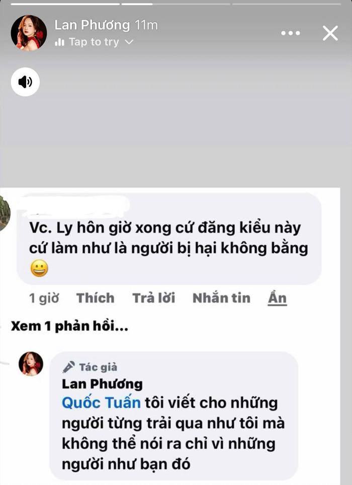 Nữ diễn viên thẳng thắn đáp trả bình luận kém duyên. Ảnh: Chụp màn hình