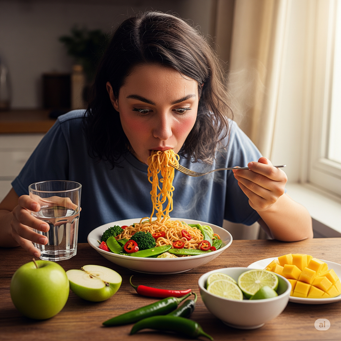 Bạn nên ăn cay với tần suất vừa phải, kết hợp thêm với rau xanh và hoa quả. Ảnh minh hoạ