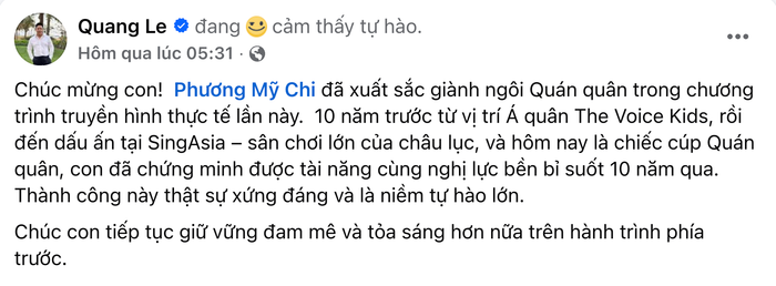 Chia sẻ gây chú ý của Quang Lê sau khi Phương Mỹ Chi báo tin vui ở tuổi 22. (Ảnh chụp màn hình FBNV)