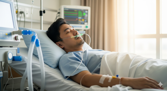 Bệnh nhân được bác sĩ tiến hành kỹ thuật rửa phổi toàn bộ bằng dung dịch nước muối sinh lý. (Ảnh minh họa)