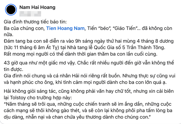 Tâm thư của con trai ông Hoàng Nam Tiến trên trang cá nhân. (Ảnh chụp màn hình)