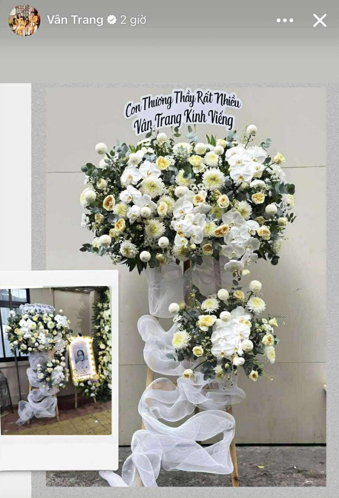 Diễn viên Vân Trang gửi vòng hoa kính viếng người thầy từng dìu dắt mình. Trước đây, cô từng đóng chung với nam nghệ sĩ trong phim Dù Gió Có Thổi. (Ảnh FBNV)