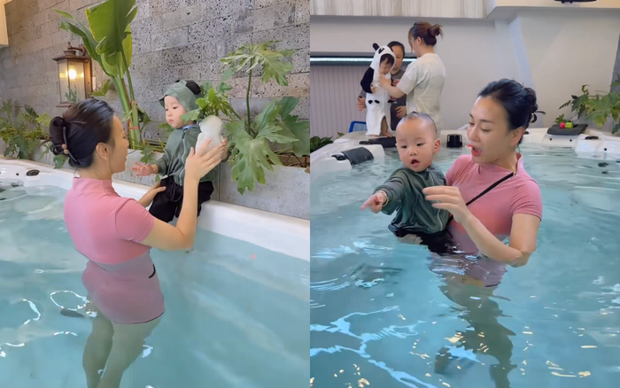 Phương Oanh ở sát bên cạnh con trai trong quá trình nhóc tỳ học bơi sinh tồn. Ảnh chụp màn hình
