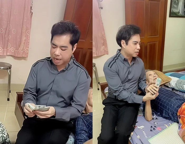 Gần đây, danh ca Ngọc Sơn cũng đã đến thăm hỏi sức khỏe của nhạc sĩ Thế Hiển cũng như gửi tặng 30 triệu đồng. (Ảnh FBNV)