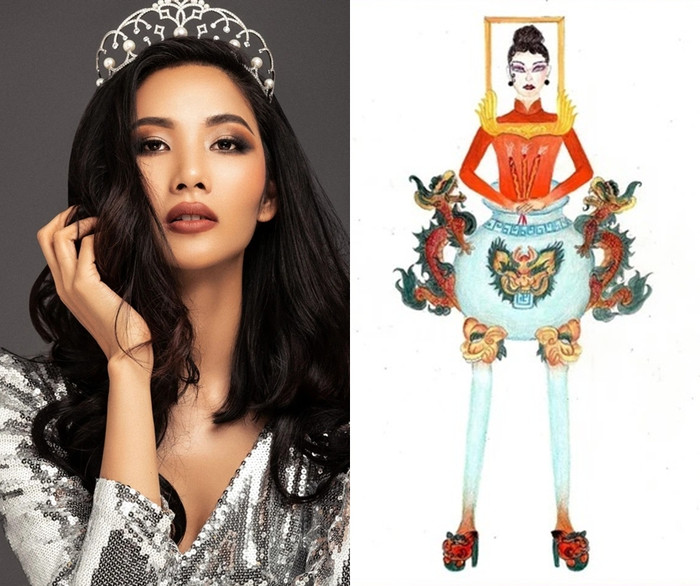 Từng có mẫu vẽ mang tên Bàn thờ ở phần tuyển chọn National Costume để Hoàng Thùy đi thi Miss Universe. (Ảnh từ HHHV VN)