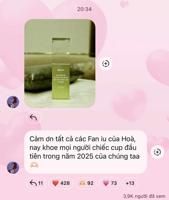 Hòa Minzy chia sẻ với người hâm mộ về thành tích đáng nể của bản thân. (Ảnh: ảnh chụp màn hình)