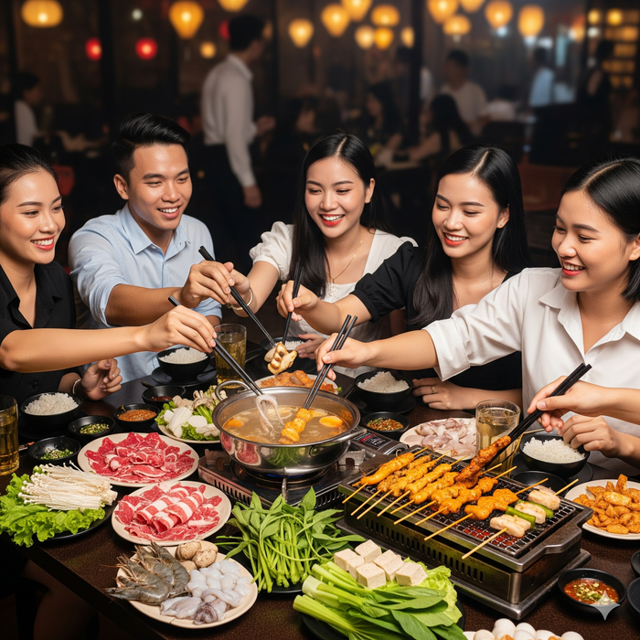 Không ít người có thói quen ngồi hàng giờ để ăn lẩu nướng, vừa ăn vừa trò chuyện. Thói quen này khiến dạ dày phải hoạt động liên tục, dẫn đến khó tiêu, đầy bụng. Ảnh minh hoạ