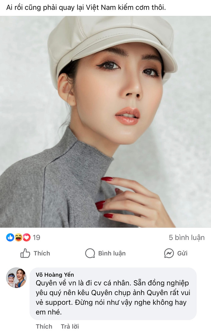 Võ Hoàng Yến ngay lập tức để lại bình luận đính chính thông tin liên quan đến siêu mẫu Ngọc Quyên. (Ảnh chụp màn hình)