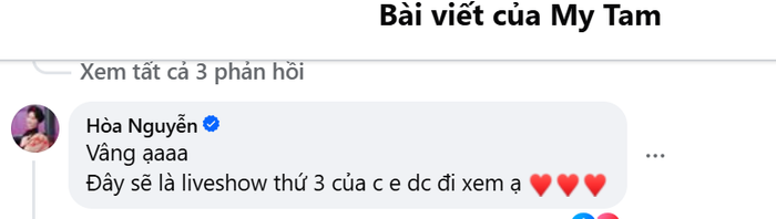 Trước đó, Hòa Minzy từng vui mừng khi được gặp gỡ Mỹ Tâm trong hậu trường của một chương trình ca nhạc tại TP.HCM. Nữ ca sĩ 9X hạnh phúc vì được thần tượng động viên (Ảnh chụp màn hình)