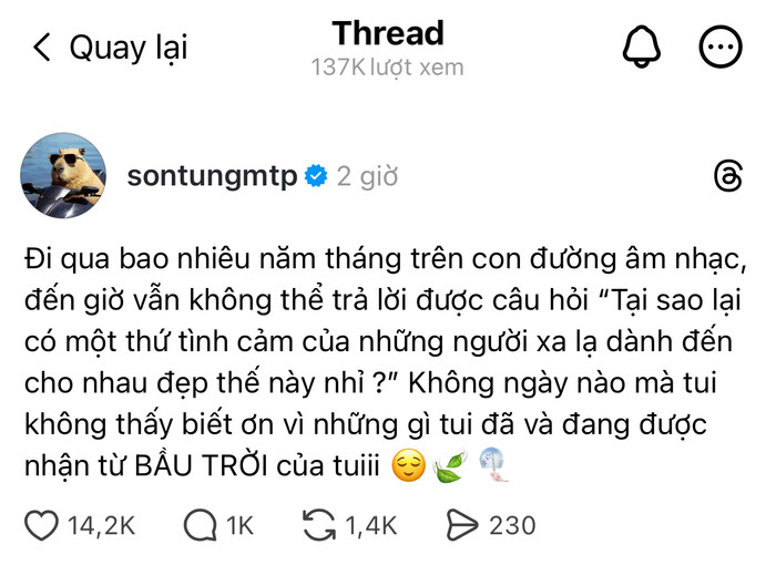 Dòng trạng thái của Sơn Tùng nhận về lượng tương tác ấn tượng (Ảnh chụp màn hình)