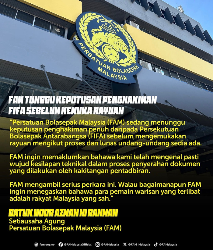Liên đoàn Bóng đá Malaysia (FAM) vừa phát đi một thông báo khiến dư luận ngỡ ngàng với thừa nhận có sai sót về hồ sơ. Ảnh: FAM