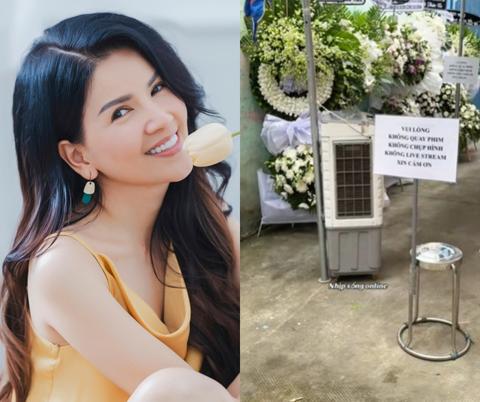 Gia đình nghệ sĩ Ngọc Trinh treo bảng không quay phim, chụp ảnh, livestream tại đám tang. (Ảnh phải từ TikTok Nhịp Sống Online)