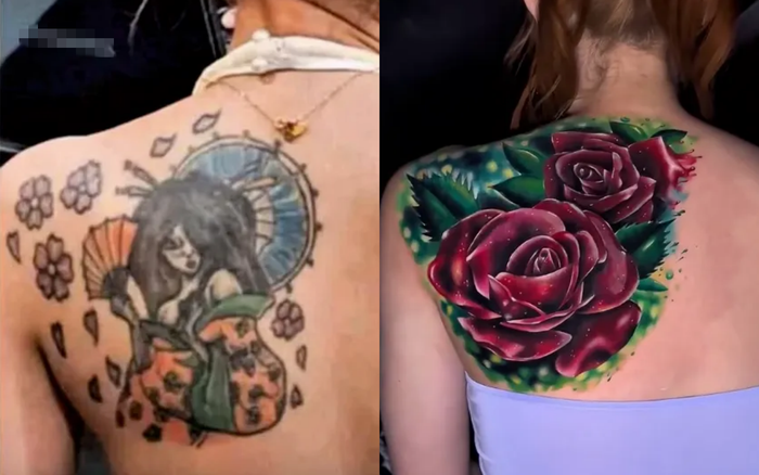 Hình xăm của cựu Hoa hậu Baby, bên trái là hình xăm cũ, bên phải là hình xăm mới. (Ảnh: Thairath)