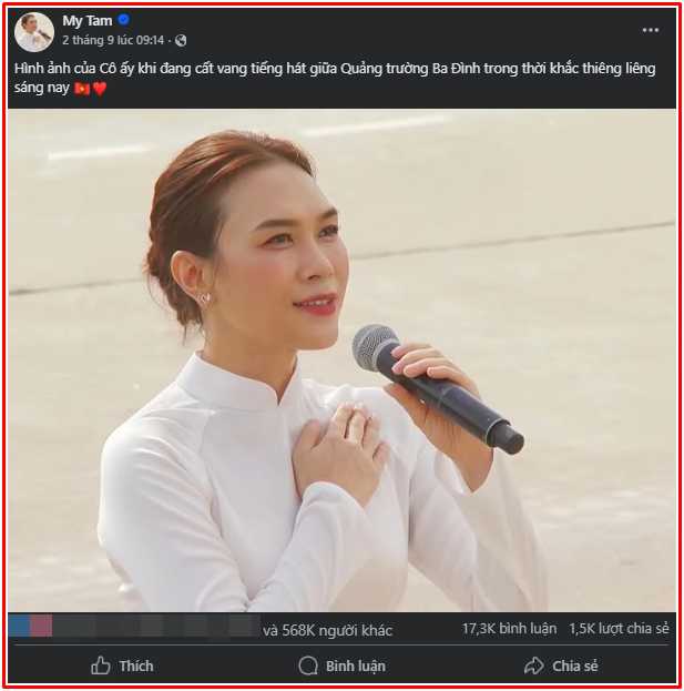 Mỹ Tâm bùng nổ tương tác sau màn trình diễn tại Quảng trường Ba Đình (Ảnh: Facebook nhân vật). 