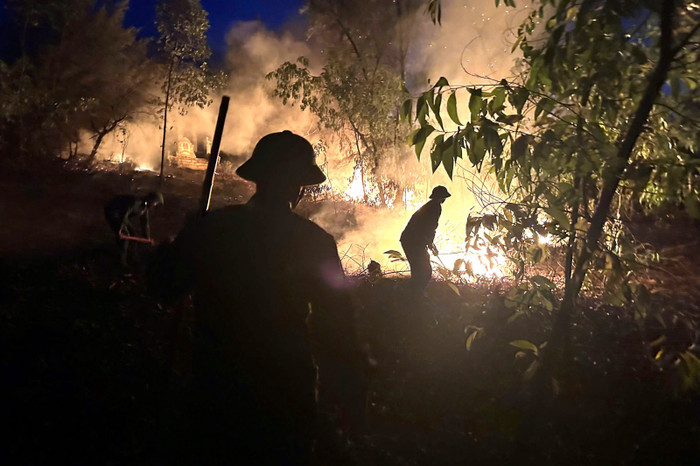 Lực lượng các đơn vị khống chế vụ cháy rừng sản xuất tại thôn 6, xã Phú Vinh, TP Huế. Ảnh: CAND