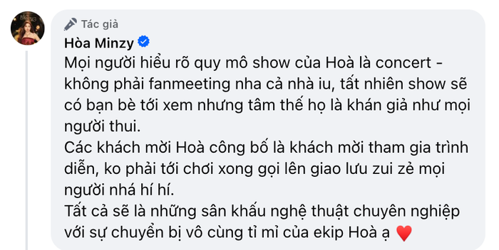 Bình luận của Hòa Minzy bên dưới bài đăng trên trang cá nhân nữ ca sĩ (Ảnh: Chụp màn hình).