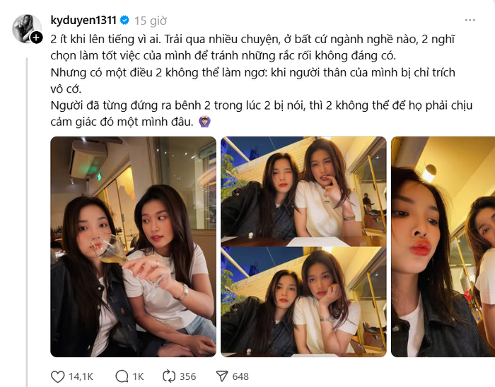 Bài đăng dài của Kỳ Duyên trên trang cá nhân, nơi cô khẳng định không thể im lặng khi người thân bị chỉ trích vô cớ